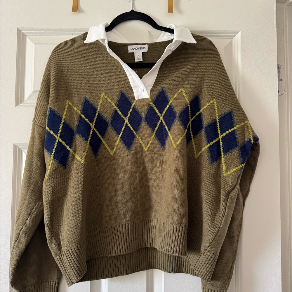 Lands' End Women's V-Neck Argyle Sweater - Olive and Navy